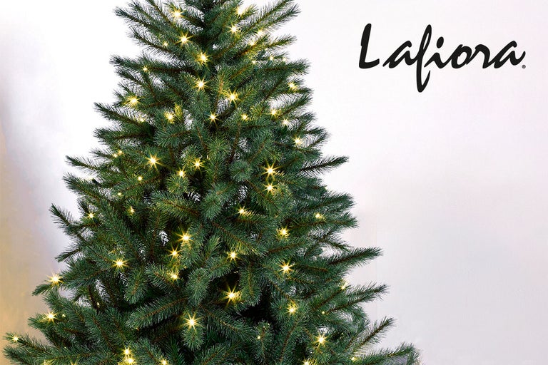 Lafiora logo. Versierde kerstboom met verlichting.