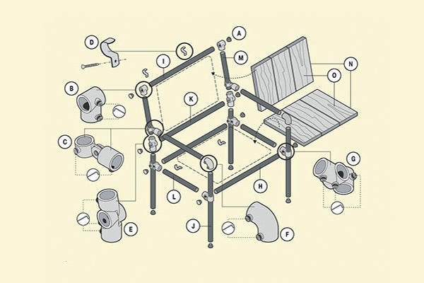 Explosietekening van een stoel met buisconnectoren en houten panelen