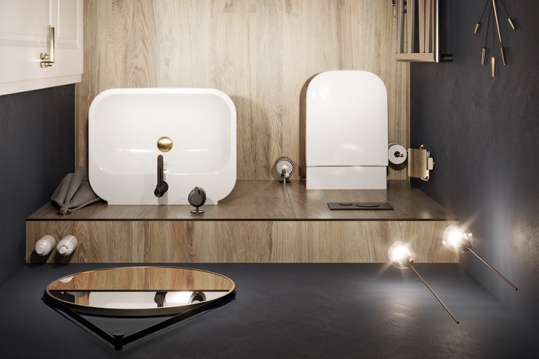 Moderne badkamer met wastafel en toilet op een houten plank