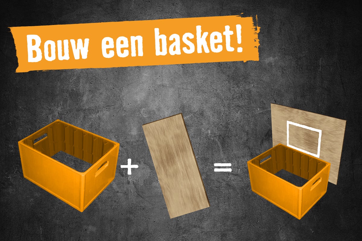 Illustratie van het maken van een basketbalmand van een krat en een plank