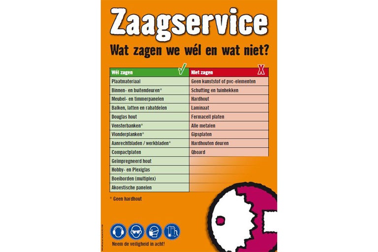 Informatie over de zaagservice van Hornbach: welke materialen wel en niet kunnen worden gezaagd.