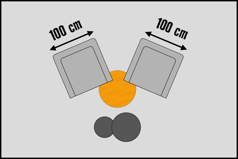 Illustratie met twee stoelen van 100 centimeter, een tafel en twee krukken.