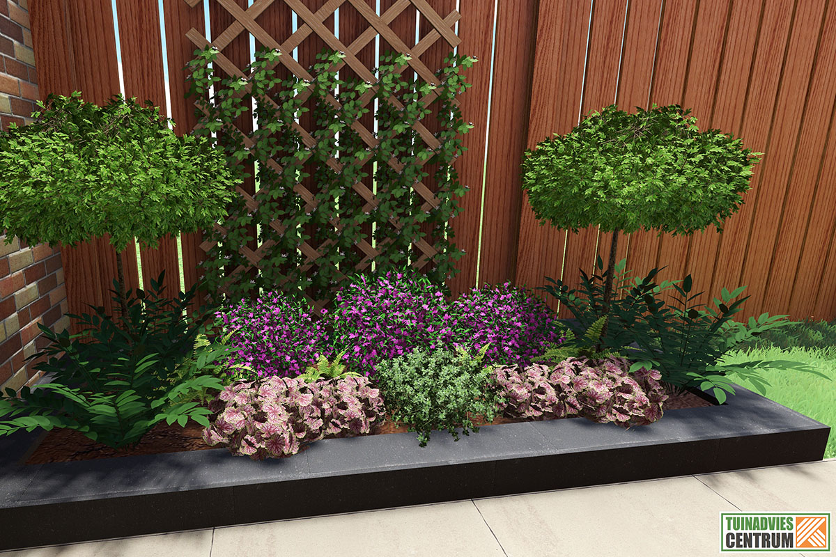 Tuinscene met bloemen, struiken en houten schutting