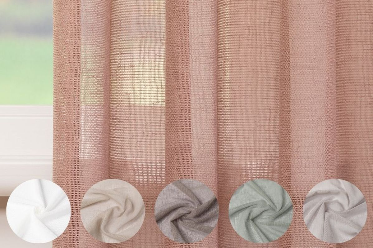 Halfdoorzichtig gordijn met linnenlook en diverse kleurstalen.
