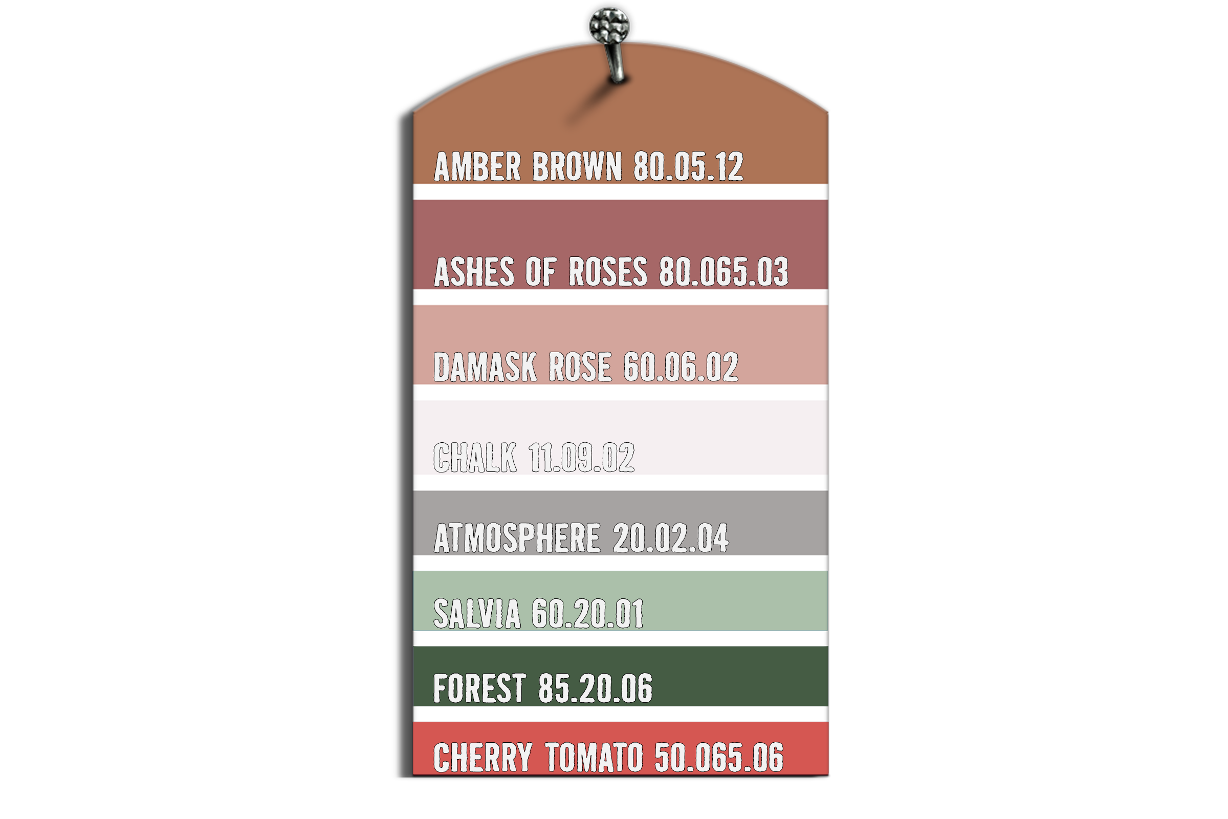 Verfkleurenkaart met de kleuren Amber Brown, Ashes of Roses, Damask Rose, Chalk, Atmosphere, Salvia, Forest en Cherry Tomato