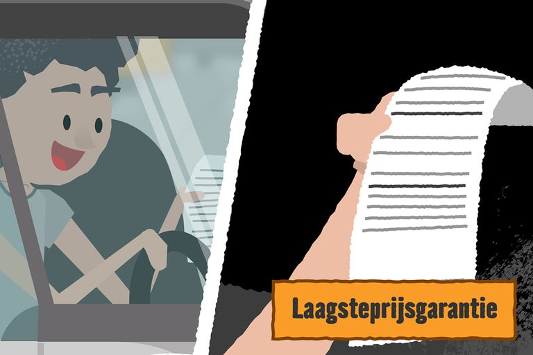 Illustratie van een persoon in een auto met een document en de tekst Laagsteprijsgarantie