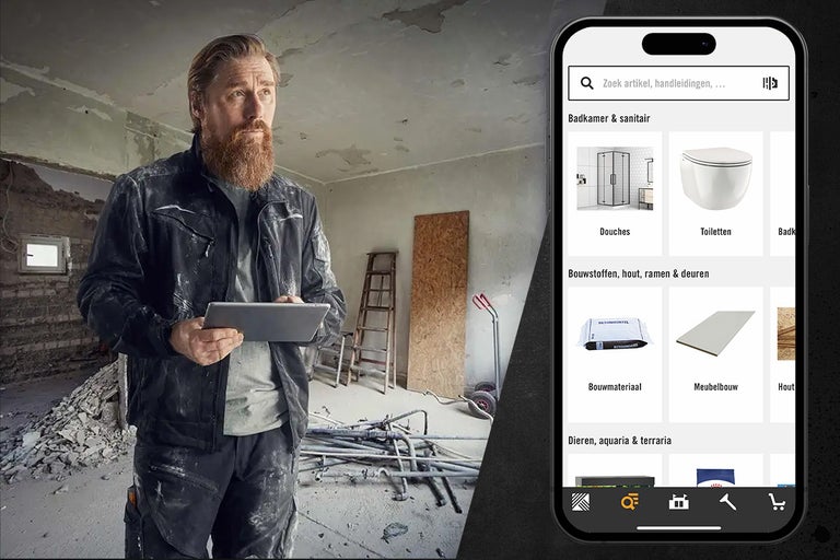 Een man met een tablet-pc in een ruwbouw naast een smartphone met de Hornbach app.