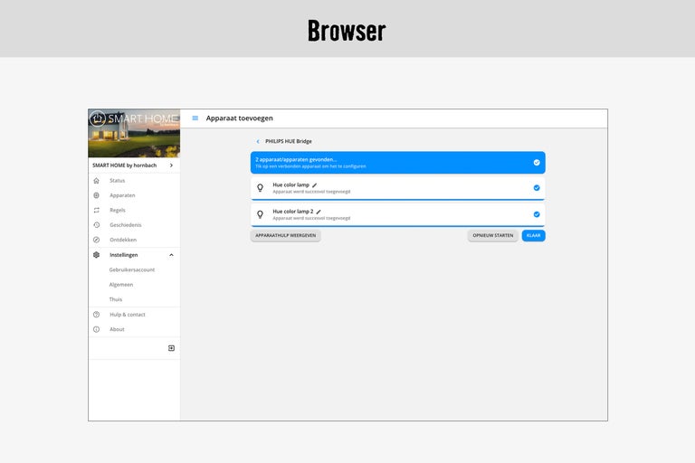 Browserweergave van een Smart Home-app voor apparaatconfiguratie
