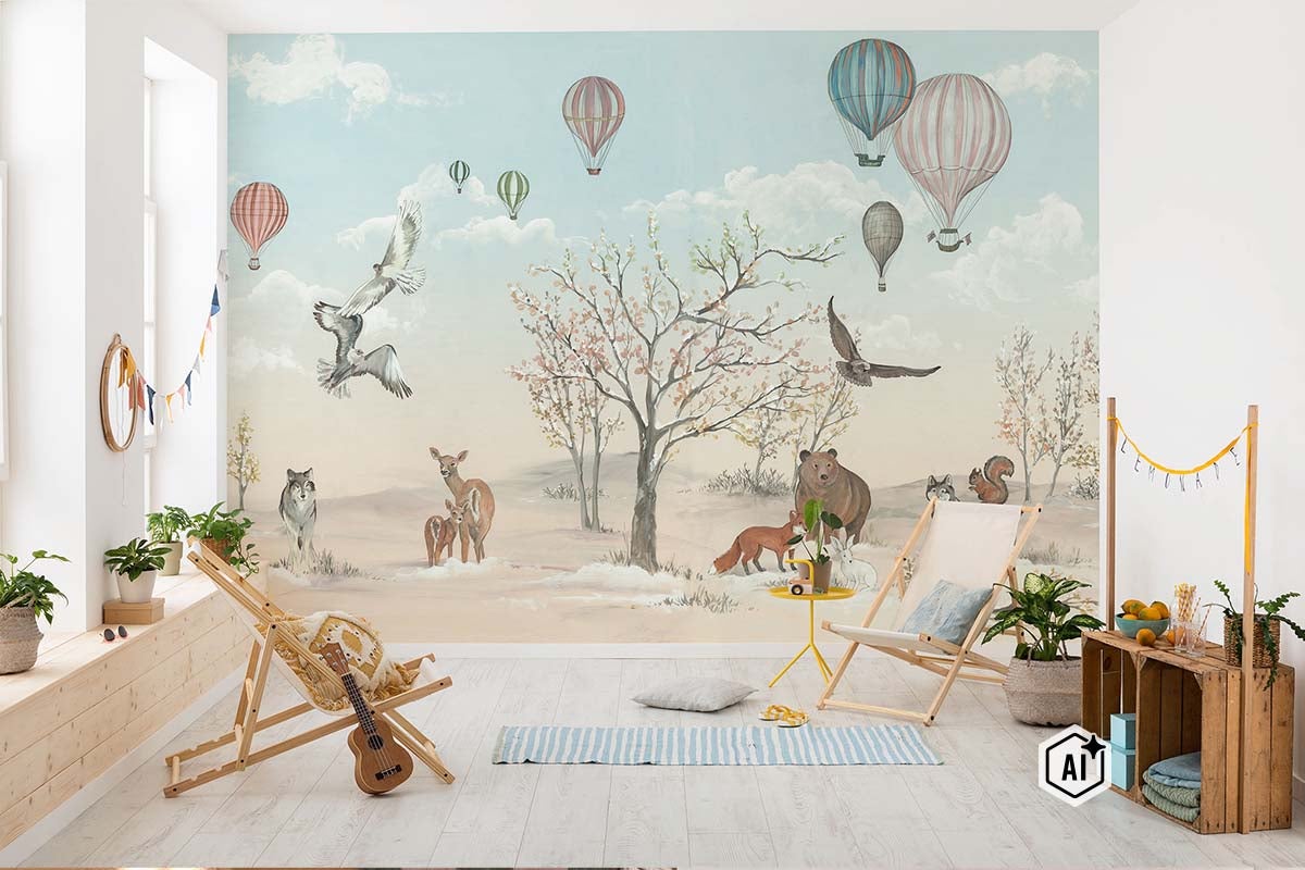 Behang in kinderkamer met illustraties van bosdieren en heteluchtballonnen in een lichte, vriendelijke sfeer.