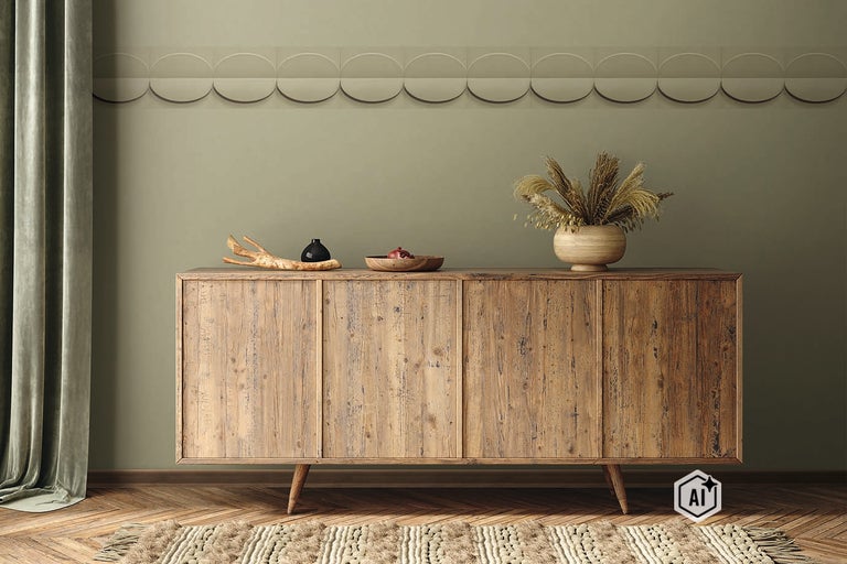 Interieurscène met wandbekleding met een halfrond reliëfpatroon boven een houten dressoir in een woonkamer.