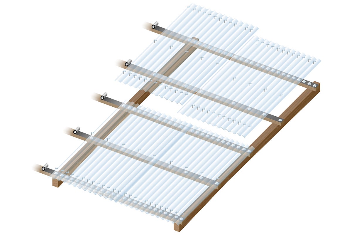 Constructie van een transparante golfplaat op een houten frame.