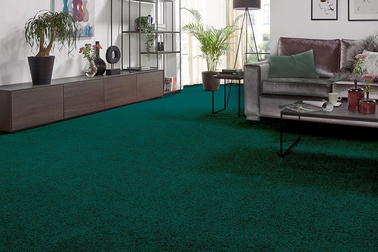 Woonkamer met bank en donkergroene vloerbedekking