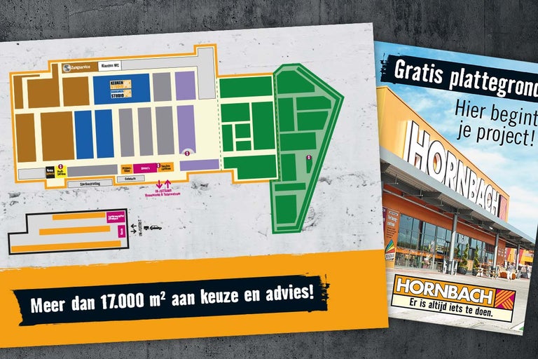 Hornbach winkelplattegrond met de slogan Meer dan 17.000 vierkante meter aan keuze en advies.
