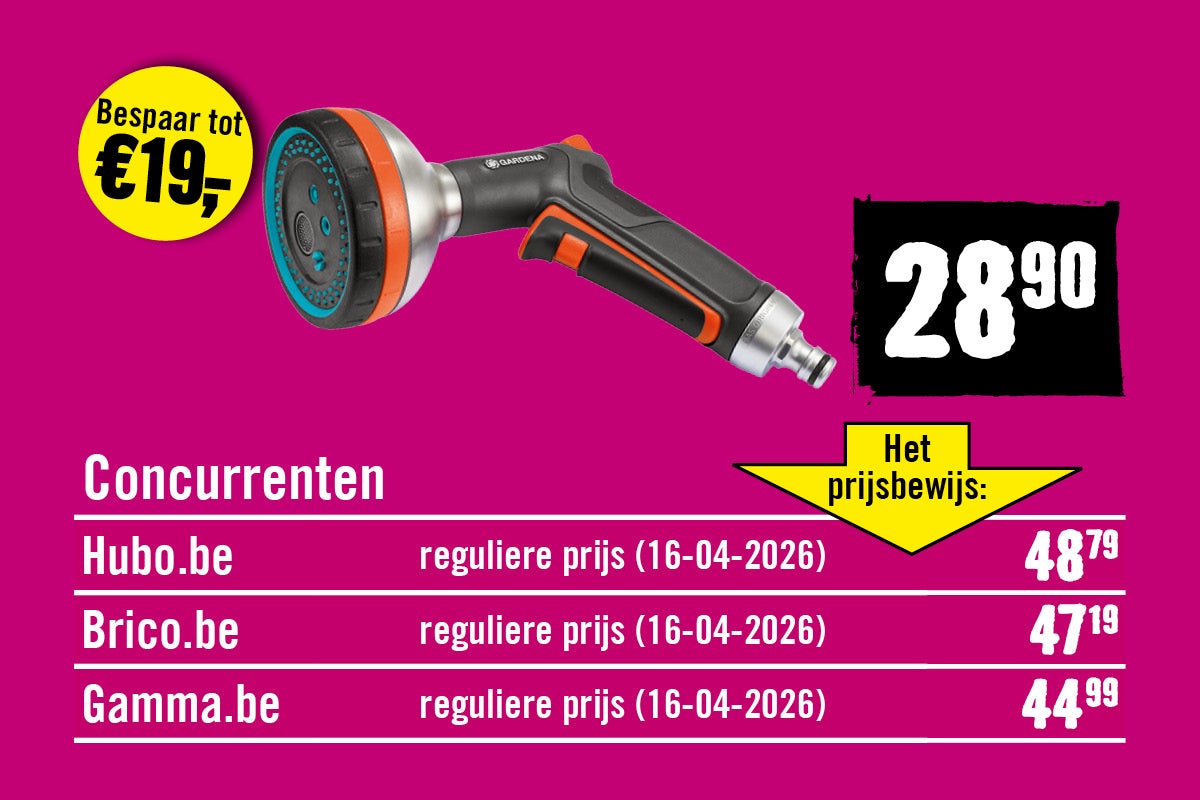 Gardena tuinbroes met prijsvergelijking die een besparing van tot wel 19 euro laat zien ten opzichte van concurrenten.