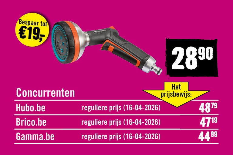 Gardena tuinbroes met prijsvergelijking die een besparing van tot wel 19 euro laat zien ten opzichte van concurrenten.