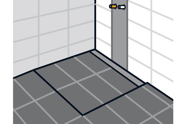 Hoek van kamer met betegelde vloer en wand