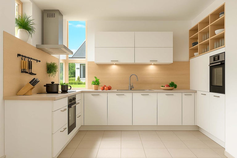 Lichte keuken met witte kasten, aanrechtblad en keukenapparatuur