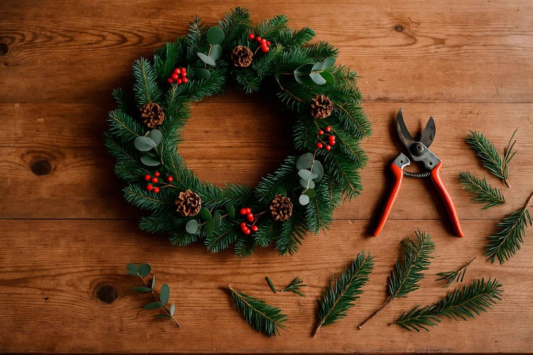 Kerstkrans met decoratie en snoeischaar op houten tafel