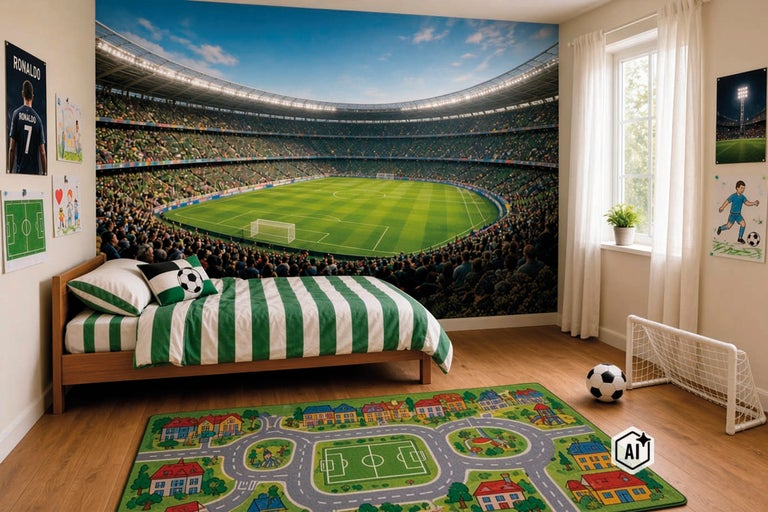 Kinderkamer met voetbalstadion fotobehang, gestreept beddengoed, voetbaltapijt en kleine voetbaldoel, ingericht in sportthema.