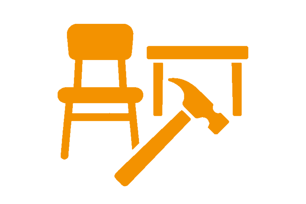 Symbool voor meubelconstructie met stoel, tafel en hamer