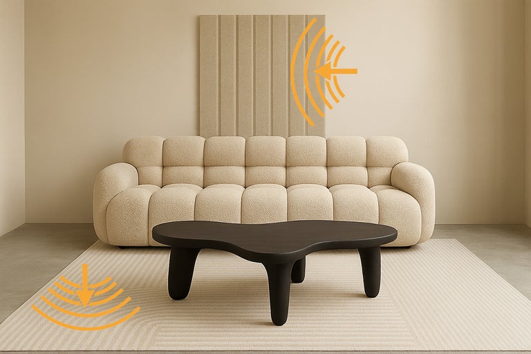 Woonkamer met bank, salontafel en wandpaneel voor geluidsabsorptie