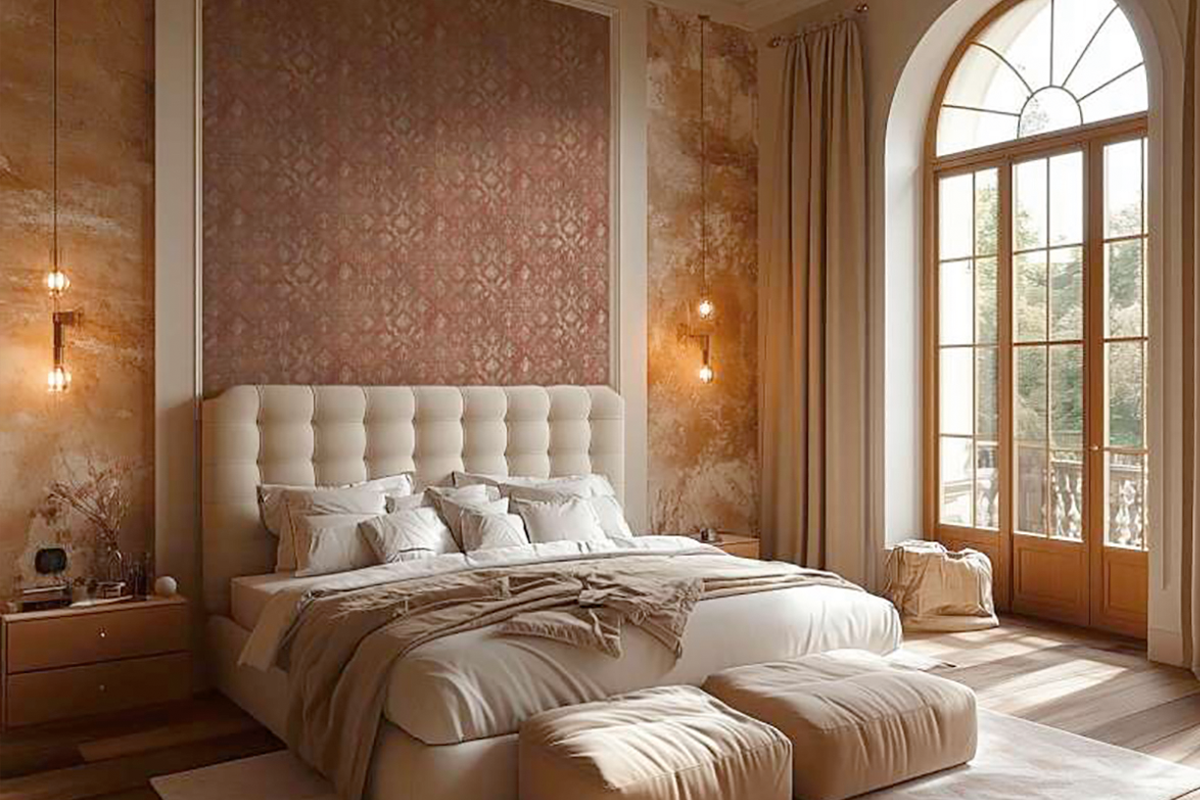 Ruime slaapkamer met een gestoffeerd bed met hoog hoofdbord, gedessineerd behang achter het bed en grote boogramen.