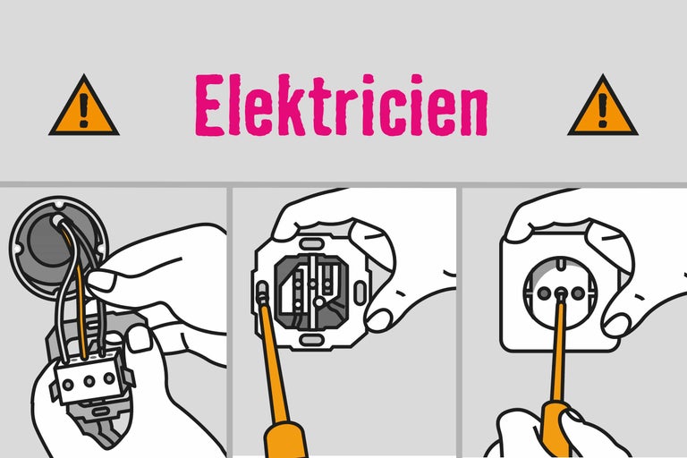Illustratie van een elektricien die aan een stopcontact werkt met een waarschuwingssymbool