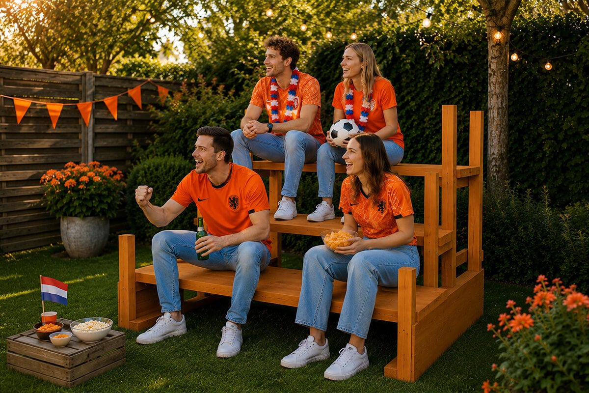 Vier mensen in oranje shirts juichen op een houten tribune in een lichte tuin met gazon, planten en een houten schutting.