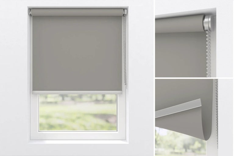 Grijs verduisterend rolgordijn voor ramen met kettingbediening en detailweergaven van de houder en onderlat.