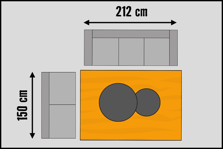 Illustratie van een bank met afmetingen van 212 bij 150 centimeter.