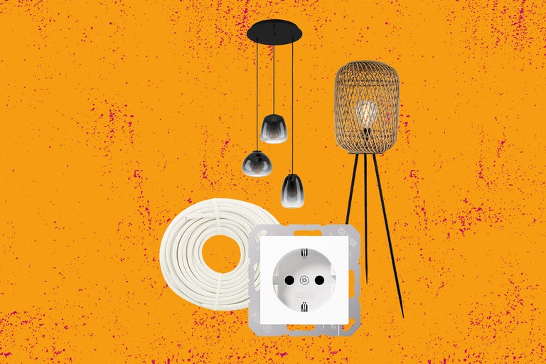 Illustratie van diverse producten voor elektrische installatie, waaronder een hanglamp, een staande lamp, een stopcontact en een elektriciteitskabel.
