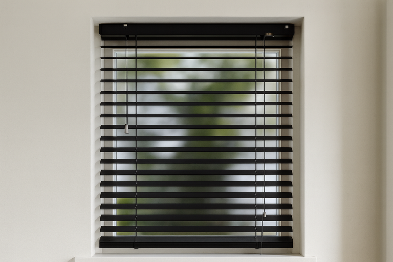 Raam met zwarte jaloezieën voor lichtregeling.
