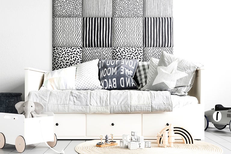 Kinderkamer met daybed, textiel en speelgoed voor kinderen