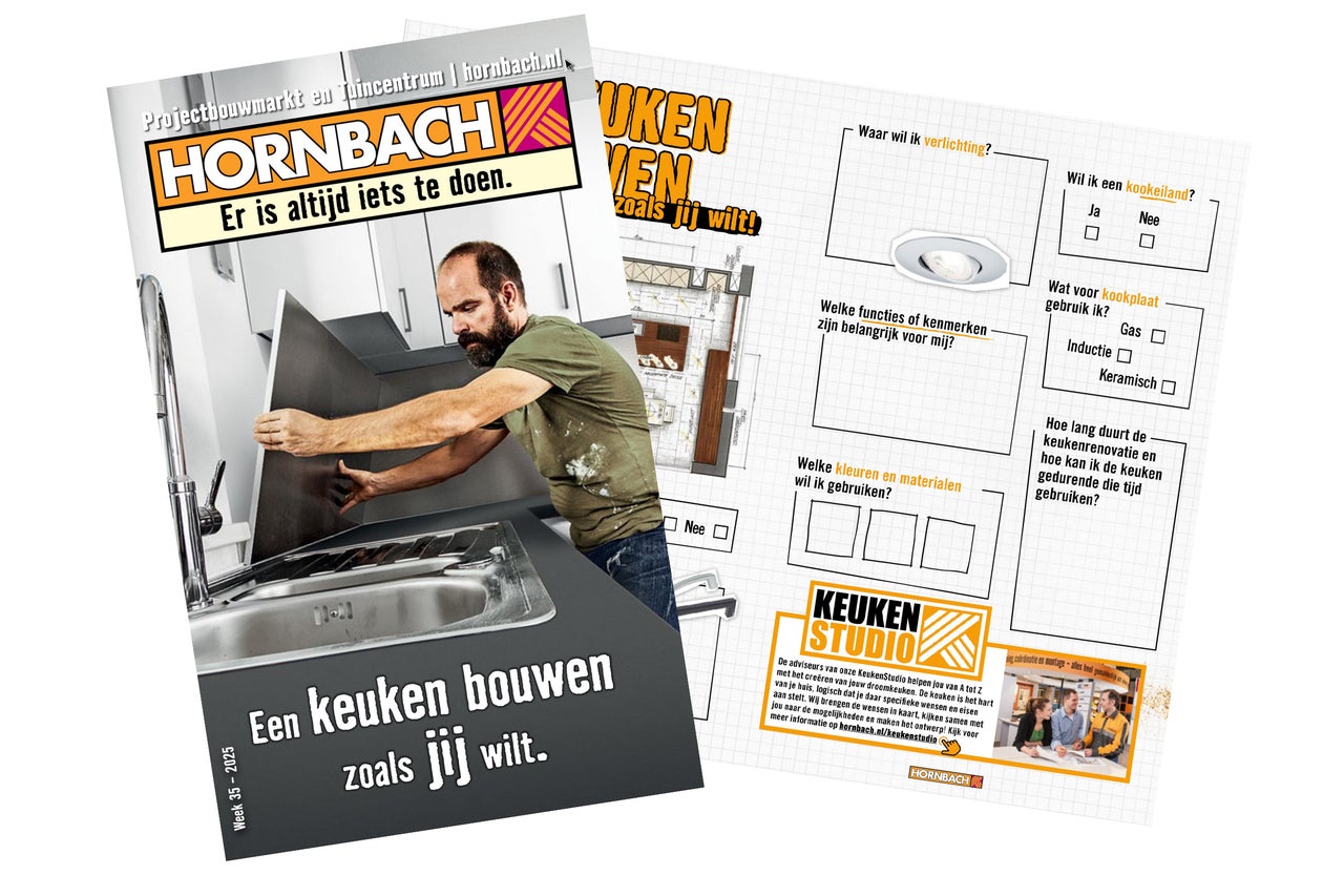 Hornbach reclame voor keukenontwerp met de slogan: Een keuken bouwen zoals jij wilt.