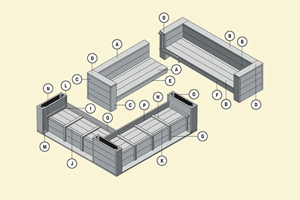 Montage-instructies voor een houten verhoogde tuinbank met afzonderlijke onderdelen