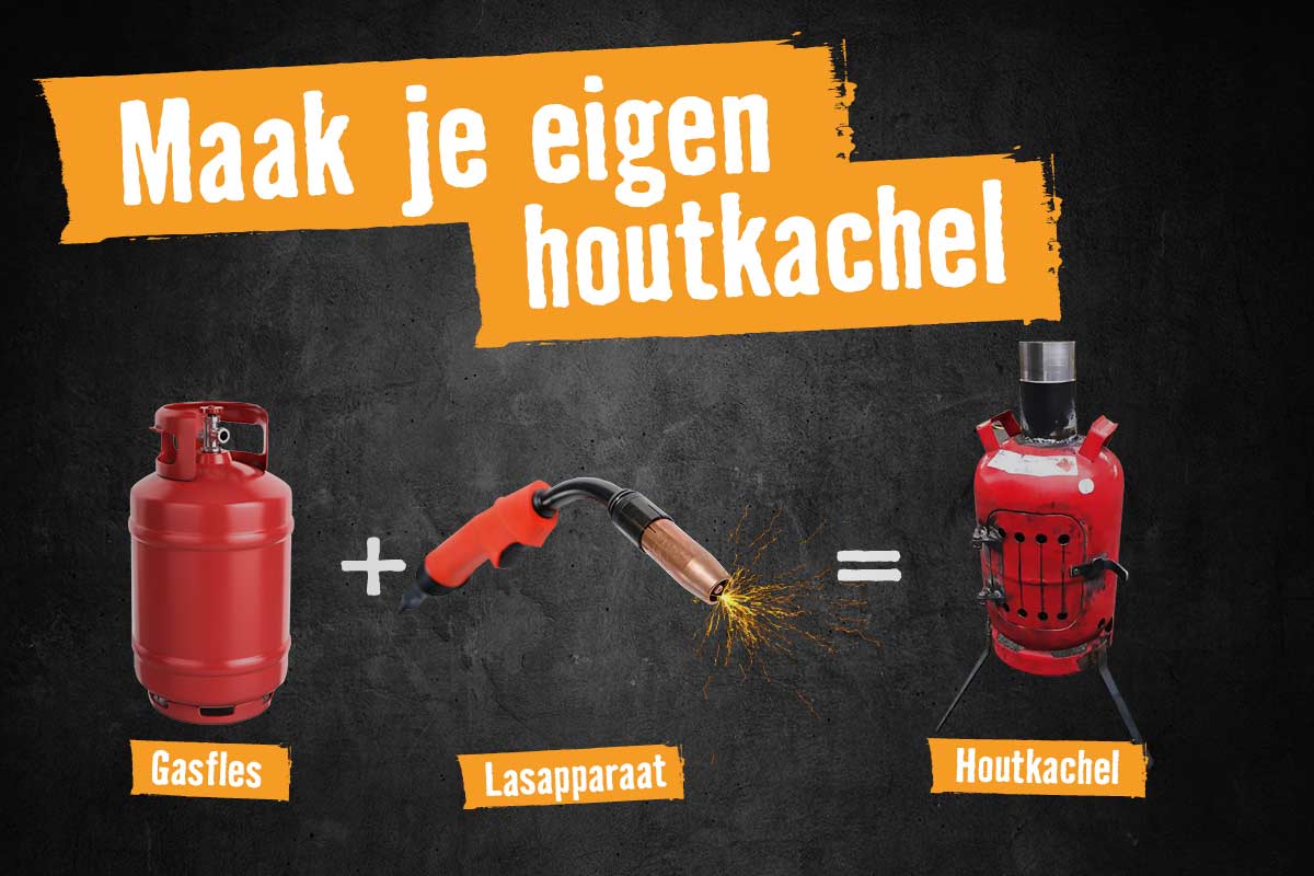 Afbeelding van een gasfles, een lasapparaat en een houtkachel om de vervaardiging van een houtkachel te illustreren