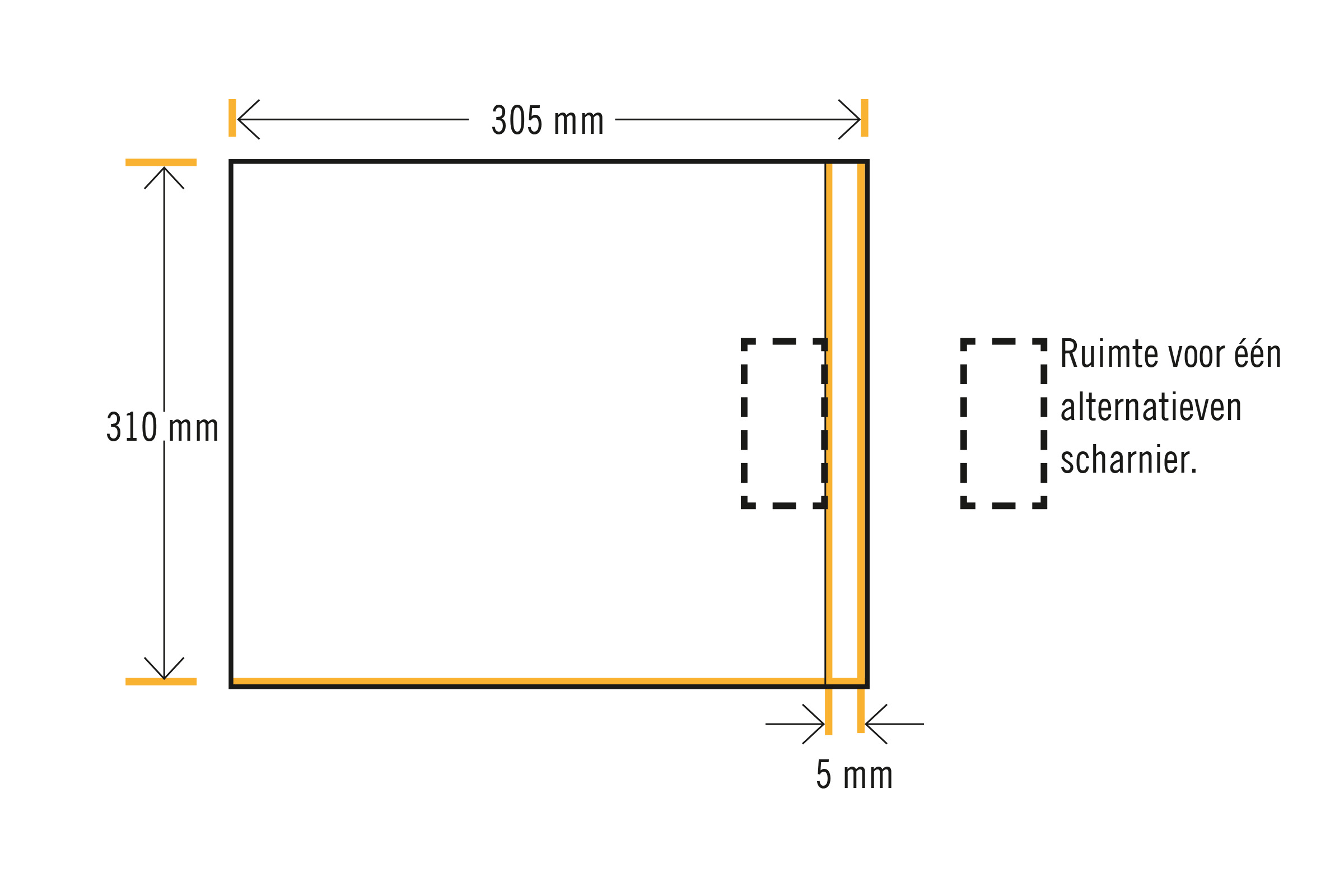 Technische tekening met de afmetingen 305 millimeter en 310 millimeter