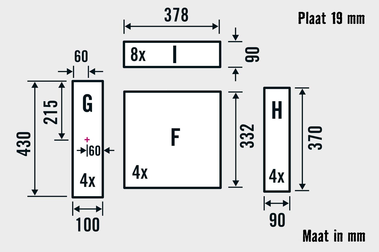 Diagram van een 19 millimeter plaat met afmetingen in millimeters