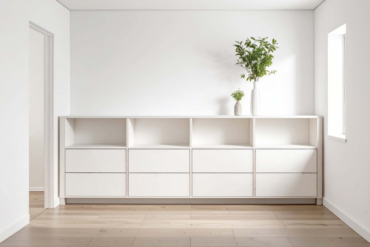 Wit dressoir met planken en lades in een lichte kamer