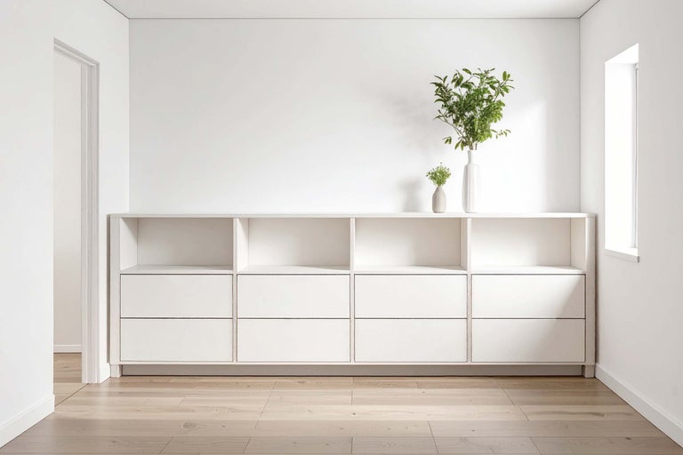 Wit dressoir met planken en lades in een lichte kamer