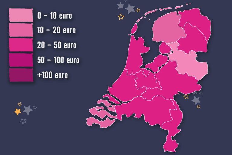 Kaart van Nederland met prijsklassen per regio.