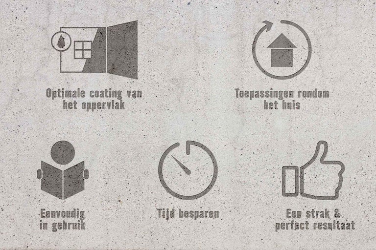 Symbolen voor optimale coating, toepassingen rondom het huis, eenvoudig in gebruik, tijdbesparing en perfect resultaat