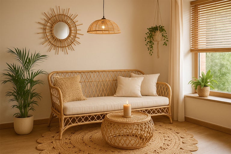 Woonkamer met rotan bank, tafel, vloerkleed, spiegel en kamerplanten voor een gezellige sfeer