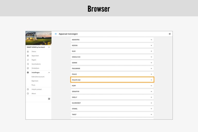 Smart Home app-interface met dropdownmenu voor apparaatselectie, Philips Hue gemarkeerd