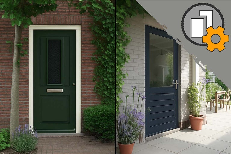 Voordeur en achterdeur in verschillende ontwerpen met symbool voor de configurator-service voor maatwerk.