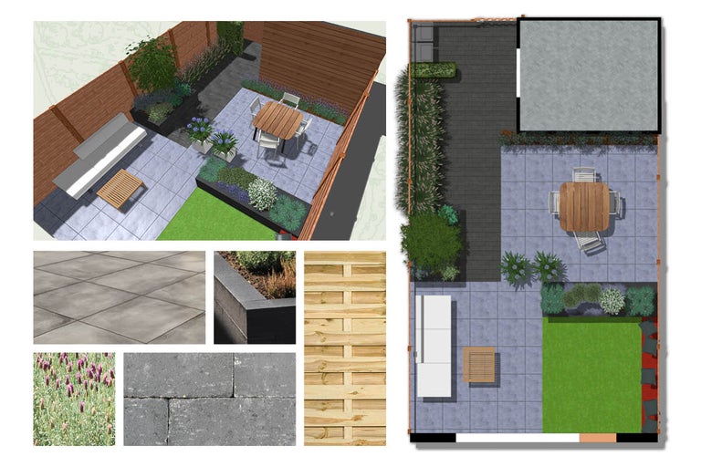 Tuinontwerp met tuinmeubelen, planten en bestrating