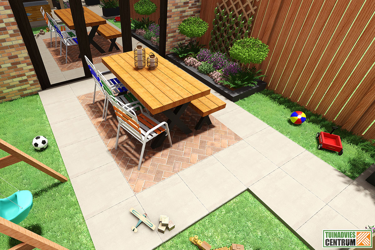 Buitenruimte met tuintafel, stoelen, planten en speelgoed