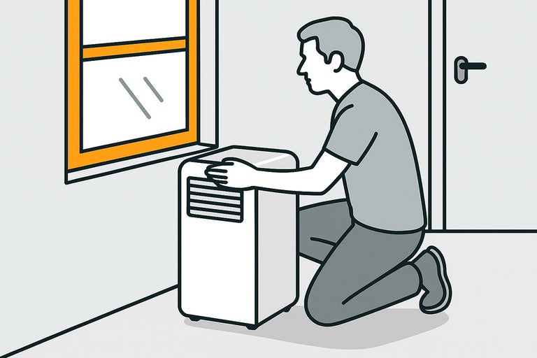 Illustratie van een persoon die een mobiele airconditioner naast een raam plaatst.