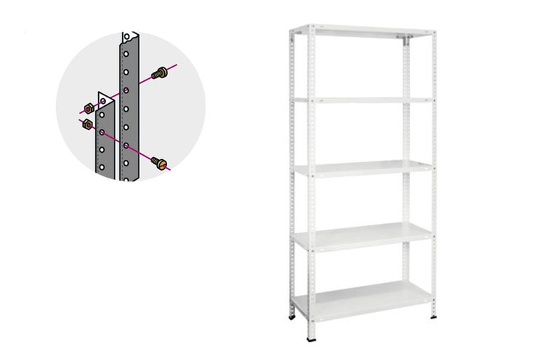 Witte metalen stellingkast met vijf niveaus en montage-instructies
