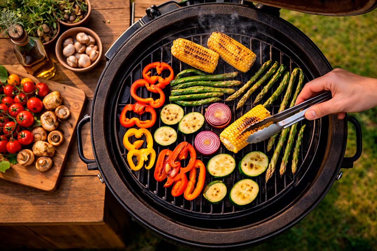 Groenten zoals paprika, courgette, maïskolven, uien en asperges bereid op een barbecue